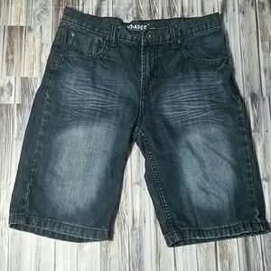 Flypaper dark wash denim jean shorts.